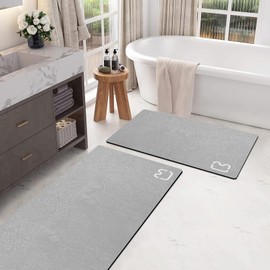 2 Piece Bathroom Mat Rugs Set - Quick Dry Absorbent Diatomaceous Earth Bath Mat Non-Slip Bathroom Floor Mat with Rubber Backing, Thin Bathroom Rugs Fit Under Door, 15.7x23.6+15.7x47.2 Inch, Grey