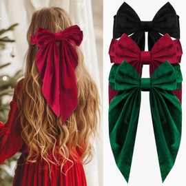 ZLSPTK 3Pcs Velvet Hair Bows for Women Girls Cute Large Bowknot Hair Clips Black Red Green Ribbon Hair Barrettes Big Non-Slip Kawaii Fine Hairpins for Thick Thin Long Short Curly Hair Clip Accessories