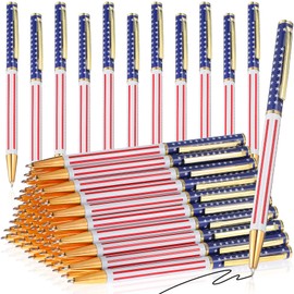 Gueevin 60 Pcs American Flag Ballpoint Pen Patriotic Metal Pens USA Themed Slim Retractable Pens Bulk Black Ink 0.7 mm 4th of July Pens for Independence Day Veteran Swat Souvenir Gifts (Gold)