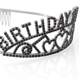 AOPRIE Birthday Tiara for Women Black Birthday Queen Headband Happy Birthday Tiara and Crown for Women Rhinestone Crystal Decor