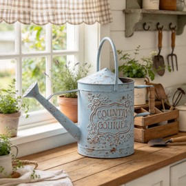 Vintage Metal Watering Can with Country Corner Floral Emboss & Wooden Handle Garden Distressed Blue Decorative Watering Pot Farmhouse Waterer for Home Garden Balcony Courtyard 2 Gallon