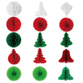 LIANRISES 15pcs Paper Christmas Tree Decorations 3D Paper Christmas Decorations Hanging Christmas Decorations Christmas Tree Hat Bell Paper Honeycomb Ball Paper Fans Kit Reusable Christmas Honeycomb