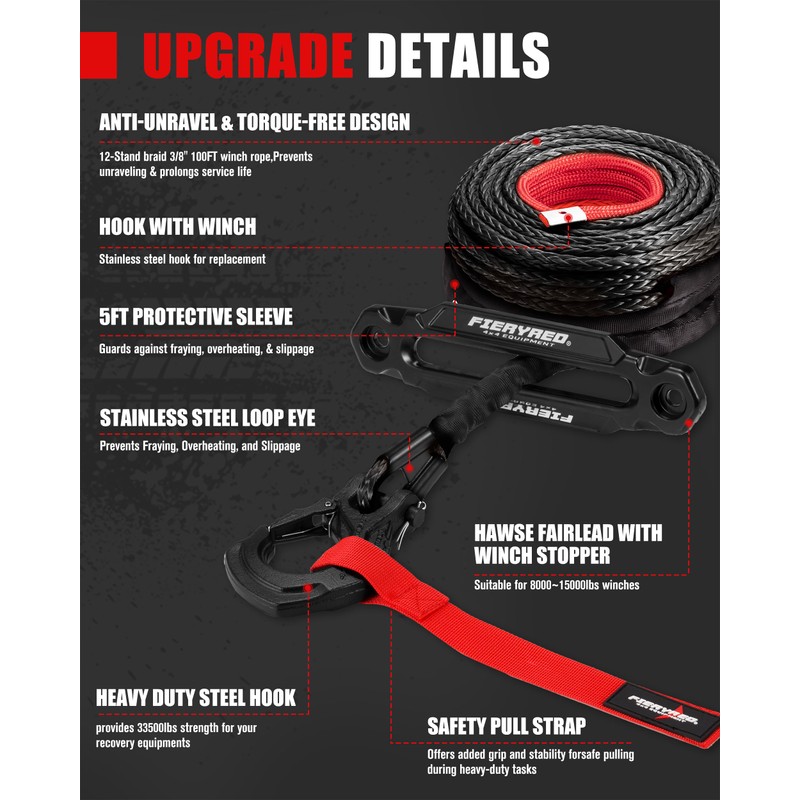 FIERYRED Synthetic Winch Rope 3/8 Inch100FT 23809Ibs Winch Line Cable