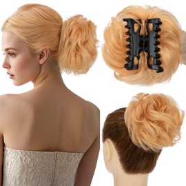 Hairro Messy Bun Hair Piece For Women Human Hair Bun With Claw Clip Tousled Updo Scrunchies Faux Hair Buns Extensions Wavy Curly Bun Hairpieces 42g #27 Dark Blonde