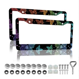Colorful Butterfly License Plate Frame - 2 Packs Universal Stainless Steel Car License Plate Frames Covers Holder Rustproof for Men Women