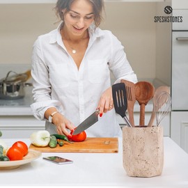 SPESHSTONES Marble Utensil Holder 6.5 Inch Travertine Cooking Utensil Crock for Countertop Storage, Modern Stone Utensils Caddy, Spoon & Spatula Organizer for Farmhouse Kitchen Decor