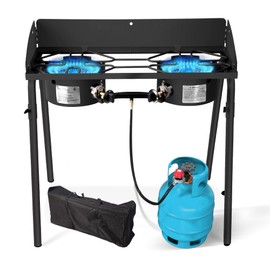 Red Mountain Valley Two Burner Outdoor Portable Camping Gas Stove with Removable Legs, Carrying Bag and Windshield, Camping Stove Propane for Cooking, CSA Certified, Outdoor Propane Burner