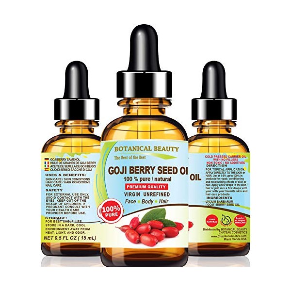 GOJI BERRY SEED OIL Lycium Barbarum Himalayan 100 % Pure Natural Virgin Unrefined Cold Pressed Carrier Oil 0.5 Fl. Oz.- 15 ml for FACE, SKIN, DAMAGED HAIR, NAILS, Anti-Aging, rich in essential fatty acids and Omega 6, natural beta-carotene Vitamin A and V