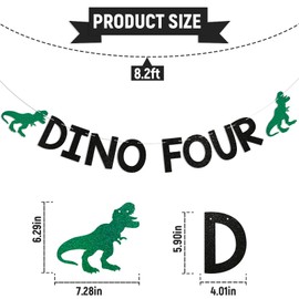 Dino Four Banner - Roar I'm Four Banner, Rex Four Birthday Decor, Dinosaur 4th Birthday Party Decorations Black Glitter