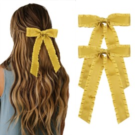 2PCS Hair Bows for Women Girls, Yellow Bow for Hair Slides Metal Clips Cute Ruffled Edge Satin Ribbon Accessories for Toddlers Teens Kids