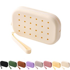HHQQWZ Portable Silicone Makeup Bag for Women, Small Travel Toiletry Cosmetic Bag with Decorative Holes, Zipper Closure Organizer Makeup Case with Handle (Milky White)
