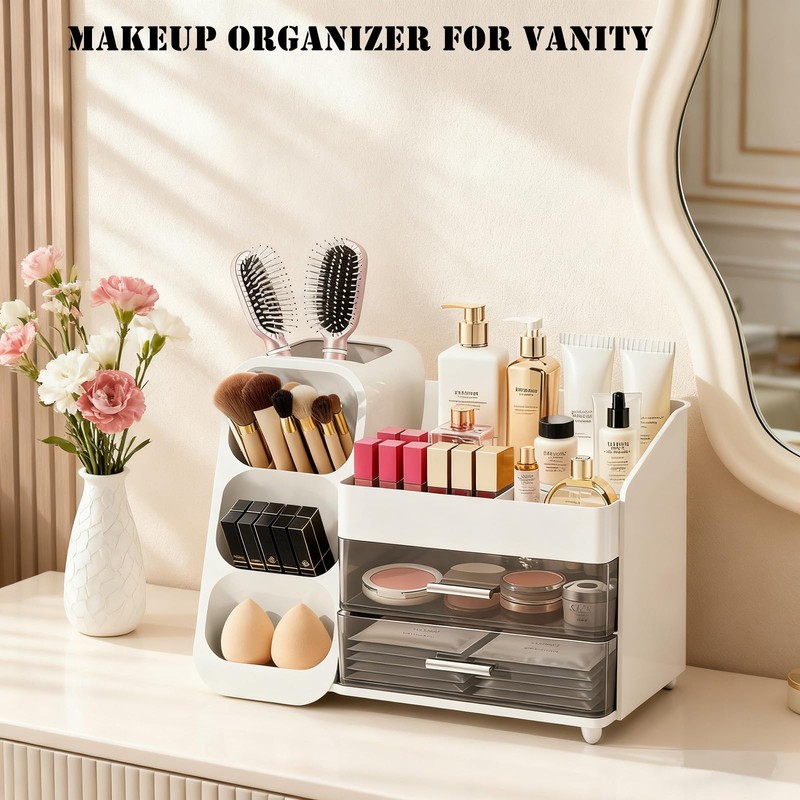 ShinyDew Bathroom Countertop Makeup Organizer with Brush Holder, Large Cosmetic