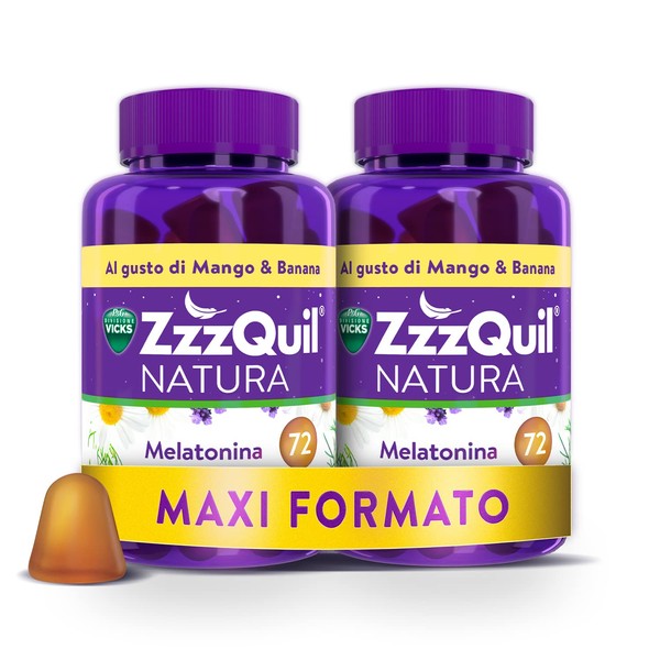 ZzzQuil Natura Melatonin Per Sleep Supplement with Pure Melatonin and Valerian, Chamomile and Lavender Extracts, Maxi Size 2 x 72 Gummy Tablets, Mango and Banana Flavour