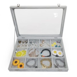BesyPro Removable 12 Grids Bracelet Organizer Box Ice Velvet Clear Lid Bangle Jewelry Tray Display Case Grey