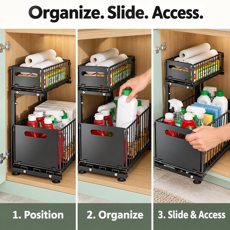 2-Tier Under Sink Organizer for Kitchen & Bathroom – Adjustable