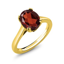 Gem Stone King 3.63 Cttw Oval Red Garnet and White Diamond 18K Yellow Gold Plated Silver Solitaire Ring For Women | Gemstone Birthstone | Available In Size 5, 6, 7, 8, 9