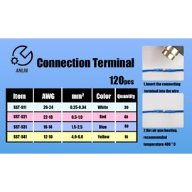 Anlin 120 Pcs Solder Seal Wire Connectors, Heat Shrink Butt Connectors, Waterproof and Insulated Electrical Wire Terminals, Butt Splice (120PCS)