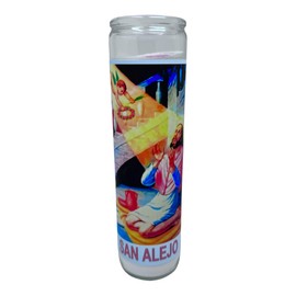 Veladora de rezo San Alejo prayer candle oracion al reverso en español, white sin essencia 14 onzas