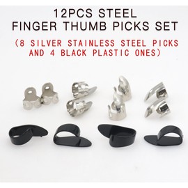 CashBeat 12Pcs Steel Finger Thumb Picks Set for Guitar, Banjos, and Other Instruments, Includes 8 Silver Stainless Finger Picks and 4 Black Thumb Picks