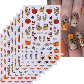 8 Sheets Thanksgiving Nail Stickers Yellow Pumpkin Maple Leaf Nail Art Stickers Autumn 3D Self-Adhesive Nail Decals Holiday Nail Art Supplies Fall Sticker for Women Girls DIY Nail Art Decorations