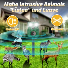 2 Packs Ultrasonic Animal Repeller Solar Powered, Cat Repellent Outdoor with Motion Sensor, Waterproof Deer Deterrent with LED Flash Light, Effective Repels Invasive Animal for Raccoon, Skunk, Dog
