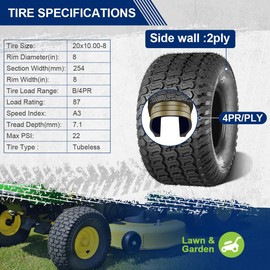 MaxAuto 20x10.00-8 Lawn Mower Tires, 20x10-8 Tractor Turf Tire, 20x10x8 NHS Tires, 4PR/Ply Tubeless, Set of 2