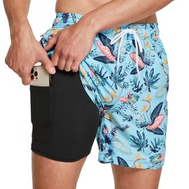 frueo Men's Swim Trunks,2 in 1 Quick Dry Beach Short Sun Protection Swim Shorts Swimming Board Shorts Swimwear Bathing Suits with Compression Liner and Zipper Pocket (1215)-RedLeafonLightBlue-M