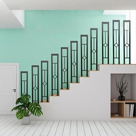 XHKJYSDP 2Pcs 35.4in U-Shaped Stair Handrail, Matte Black Hand Rail with Rhombus Pattern, Wrought Iron Outdoor Stair Railing for Porches, Decks, Fences, Black