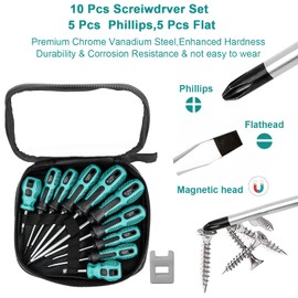 Screwdriver Set 10pcs, Magnetic Screwdriver Set 5pcs Phillips Screwdrivers and 5pcs Slotted/Flat Head Screwdrivers, Chrome Vanadium Steel Made
