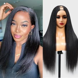 U Part Wigs With Drawstring For Women Yaki Straight Human Hair Wigs 200% Density U Part Human Hair Wigs Can Be Dyed And Bleached(#1b Natural Black, 20 Inch)