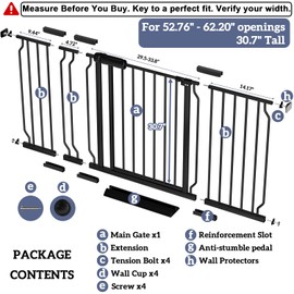 Foreng Extra Wide Baby Gates for Doorways 52.76"-62.20" Extra Wide Baby Gate Dog gate Pressure Mounted No Drilling with Walk-Through, Auto-Close & Dual-Direction Swing for Large Wide Opening Black