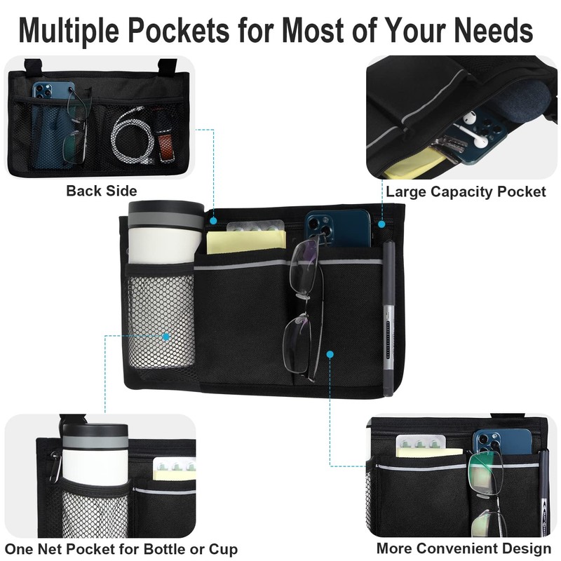 Wheelchair Side Organizer Storage Bag Armrest Pouch with Cup Holder