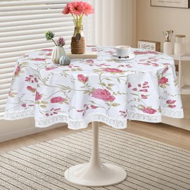 Round Vinyl Tablecloth, 60 Inch Round Tablecloth with Flannel Backing, Waterproof Stain-Resistant PVC Table Cloth Covers with Lace Trim for Round Table (Red Flower)