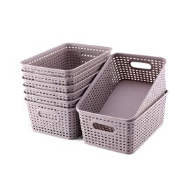 Storage Bins Plastic Storage Baskets Sturdy Small Pantry Organizer Bins Organization and Storage Shelves Baskets for Organization, Countertops, Desktops, Cabinets, Bedrooms,6Pack,Purple
