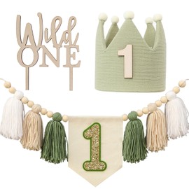 Wild One - Bandera de silla alta para decoración de fiesta de primer cumpleaños con borla verde, sombrero de corona
