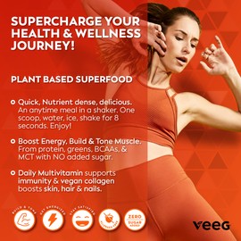 Veeg All-in-One Protein Smoothie Powder - Plant Based Protein Powder, Superfoods, Organic Greens, MCT Oil, Probiotics, Multivitamins for Men & Women, Sugar-Free, 15 Servings (Vanilla)