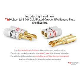 Nakamichi Excel Series 24k Gold Plated BFA Banana Plug 12-18 AWG Gauge Size 4mm for Speakers Amplifier Hi-Fi AV Stereo Home Theatre Audio Wire Cable Screw Connector, 4 Pcs (2-Pairs)