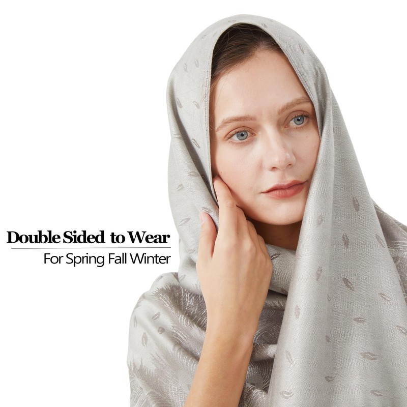 Pashmina Shawls for Evening Dresses-Women'S Grey White Feather Pashmina Scarf