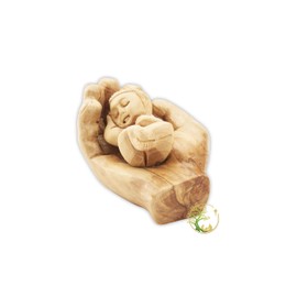 Hand Carved Olive Wood Baby Jesus in The Father’s Hand Made in Bethlehem The Holy Land (4" x 2.5")