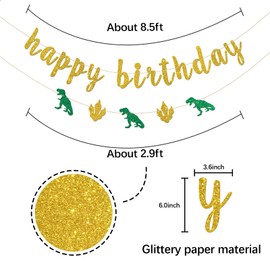 INNORU Dinosaur Happy Birthday Banner, Jungle Wildlife Birthday Party Bunting Decorations, Children Boys Birthday Party Banner, Dinosaur Baby Shower Party Decor Supplies, Gold Glitter