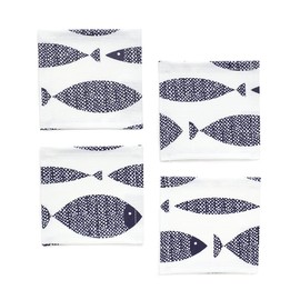 W3000510 Coasters, Laminate, Stylish, Fabric, Set of 4, Washable, Nordic, Marine, Navy, Fish, Style Decor