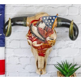 Rustic Western Cow Skull With Bald Eagle American Flag Spirit Of USA Wall Decor