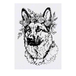 'German Shepherd with Floral Crown ' Temporary Tattoo - Water Resistant, Skin-Safe, Non-Toxic Transfer (TO00073281)