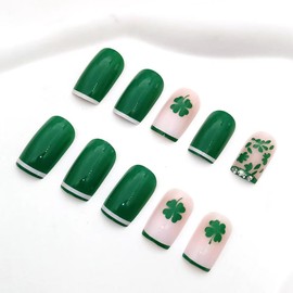 St. Patrick's Day Press on Nails Medium Square Fake Nails Green Shamrock Clover with Glitter Nail Rhinestones Full Cover Tip Glue on Nails Artificial Reusable French Designs Acrylic False Nails