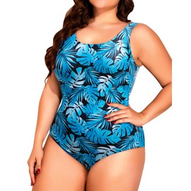 Holipick Blue Leaves Plus Size One Piece Swimsuits Tummy Control Bathing Suits Sporty Swimwear 22W