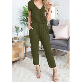 PRETTYGARDEN Jumpsuits for Women 2025 Spring Summer Casual Dressy Short Sleeve Romper Airport Vacation Travel Outfits (Army Green,Large)