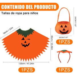 FEAWIAI Kit 3 Disfraz de Calabaza de Halloween para Mujer, Con capa de Calabaza, Sombrero y Bolsa de Calabaza, Perfecto para Disfraces de Halloween y Disfraz Halloween Mujer (Amarillo, Adultos)