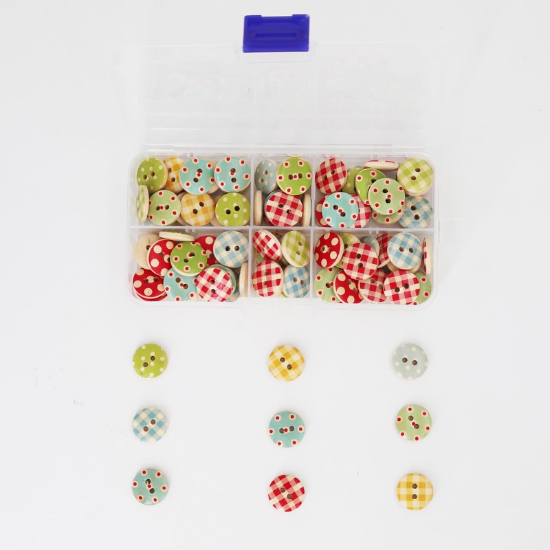 15mm Wooden Buttons100 Pcs Plaid Dot Assorted Patterns 2 Hole