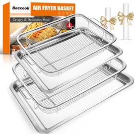Baccooli Air Fryer Basket for Oven, Stainless Steel Oven Air Fryer Basket and Tray Set, 2 Pack Air Fryer Pan Rack with 100 Pcs Parchment Papers - 15"x11" & 12.8"x9.6"