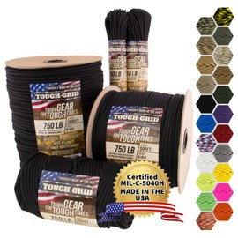 TOUGH-GRID Premium Black Paracord 750 lbs 50Ft Made in USA Outdoor Survival Nylon Rope Tactical Heavy Duty Strands Parachute Cord Used by US Military Type IV Mil-Spec